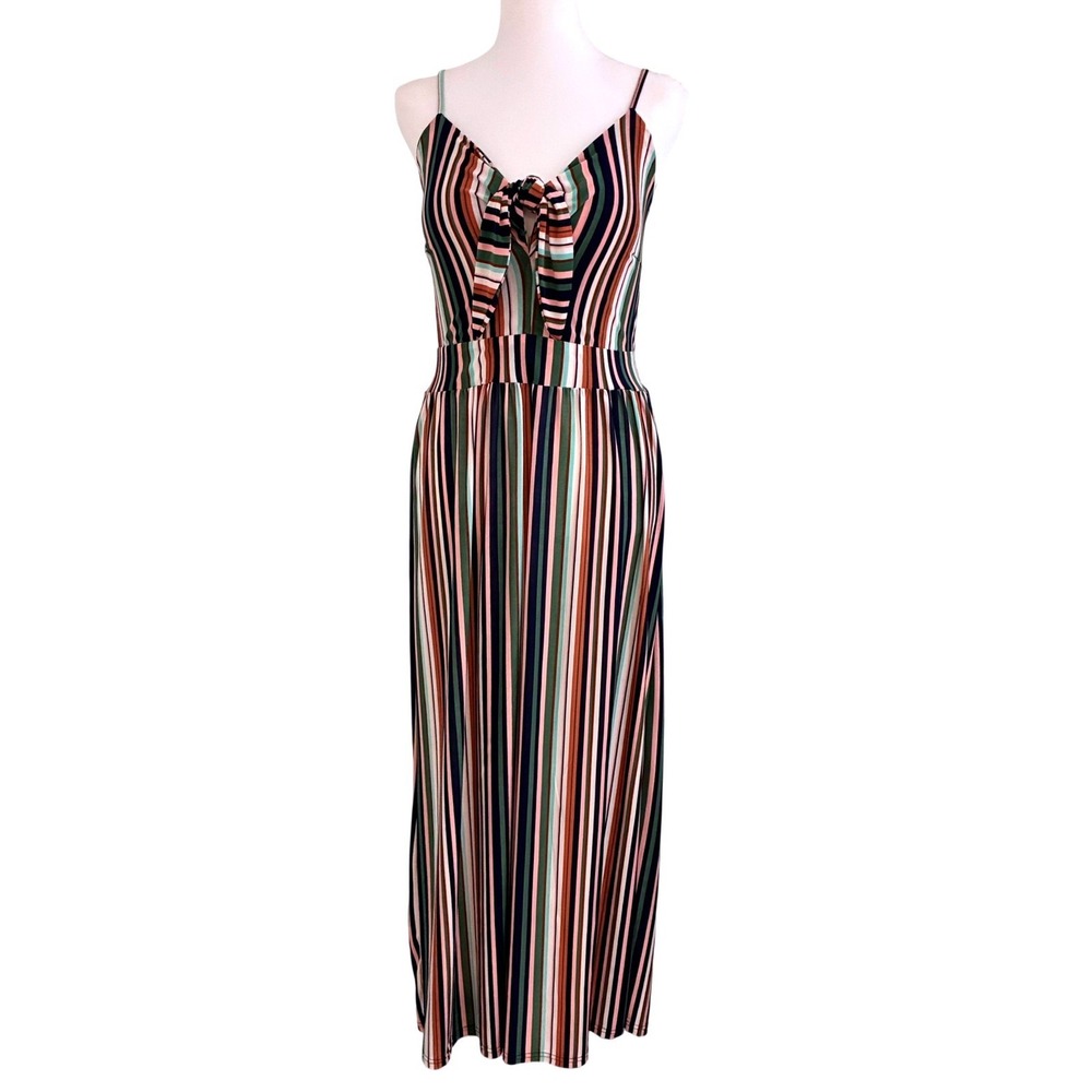 Multicolor Striped Tie Front Maxi Dress Silk Blend Smocked Back Boho Summer M‎